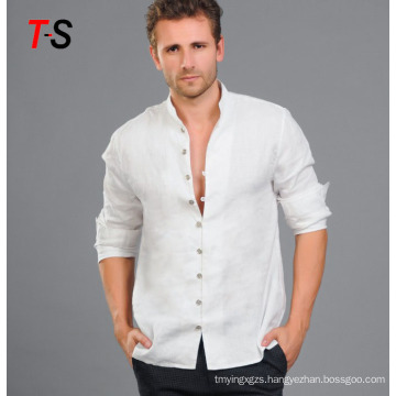 New casual men's wear Chinese national style men's long sleeve stand collar linen shirt pure color slim shirt